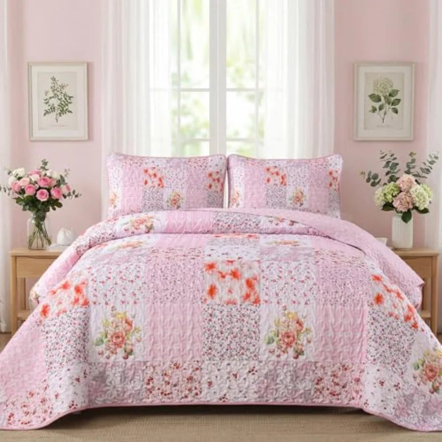 Quilt Set  Queen- 3 Pieces Boho Plaid Floral Bedspread Set Microfiber