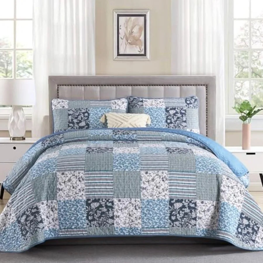 Quilt Set  Queen- 3 Pieces Boho Plaid Floral Bedspread Set Microfiber