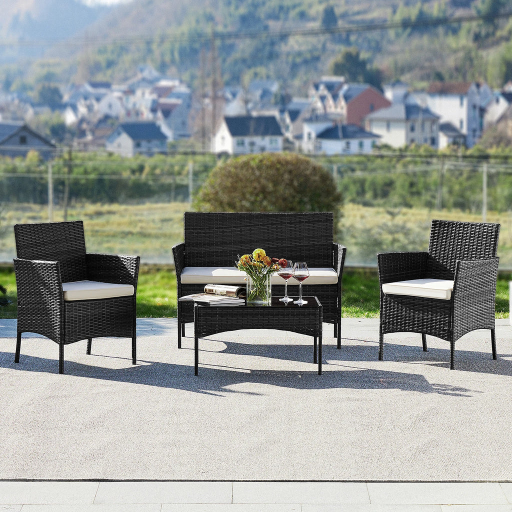 4 Piece  Patio Furniture Set with Soft Cushion and Glass Table