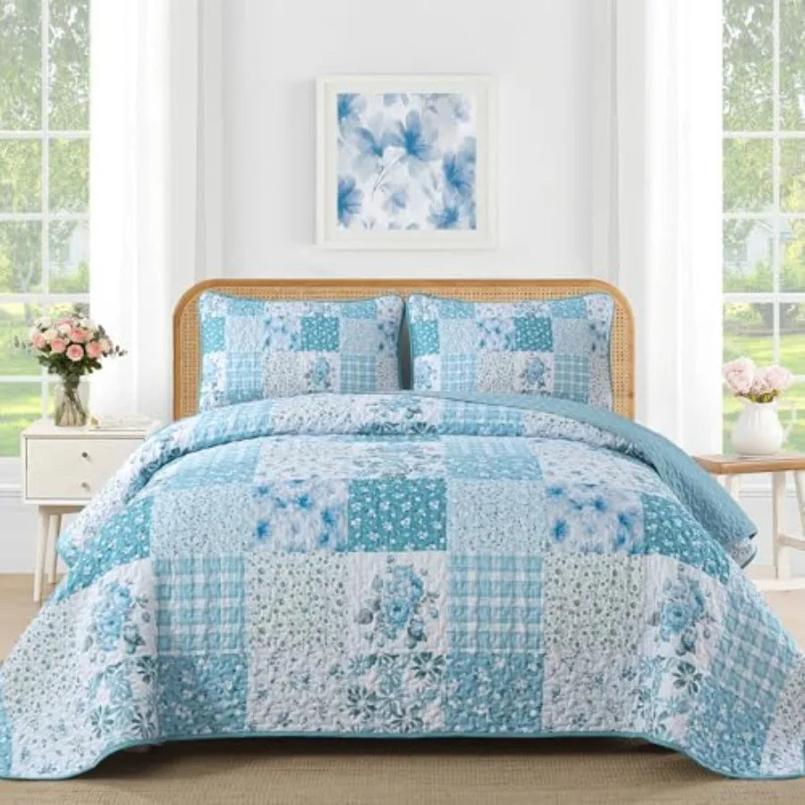 Quilt Set  Queen- 3 Pieces Boho Plaid Floral Bedspread Set Microfiber