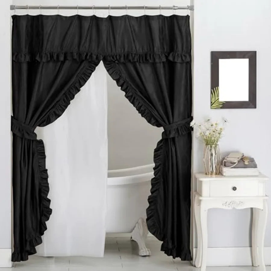Double Swag Ruffled Fabric Shower Curtain Set with Liner and Roller Rings