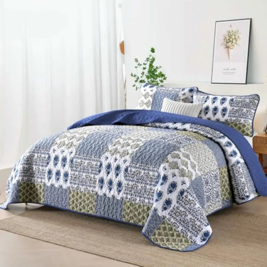 Quilt Set  Queen- 3 Pieces Boho Plaid Floral Bedspread Set Microfiber