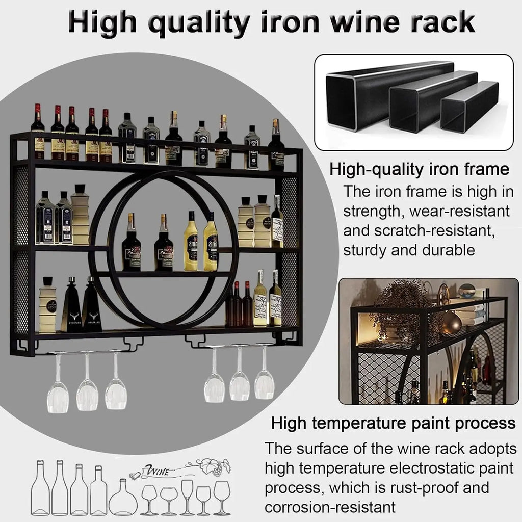 Wall Mounted Wine Rack with LED Lights, Iron Floating Wine Shelf