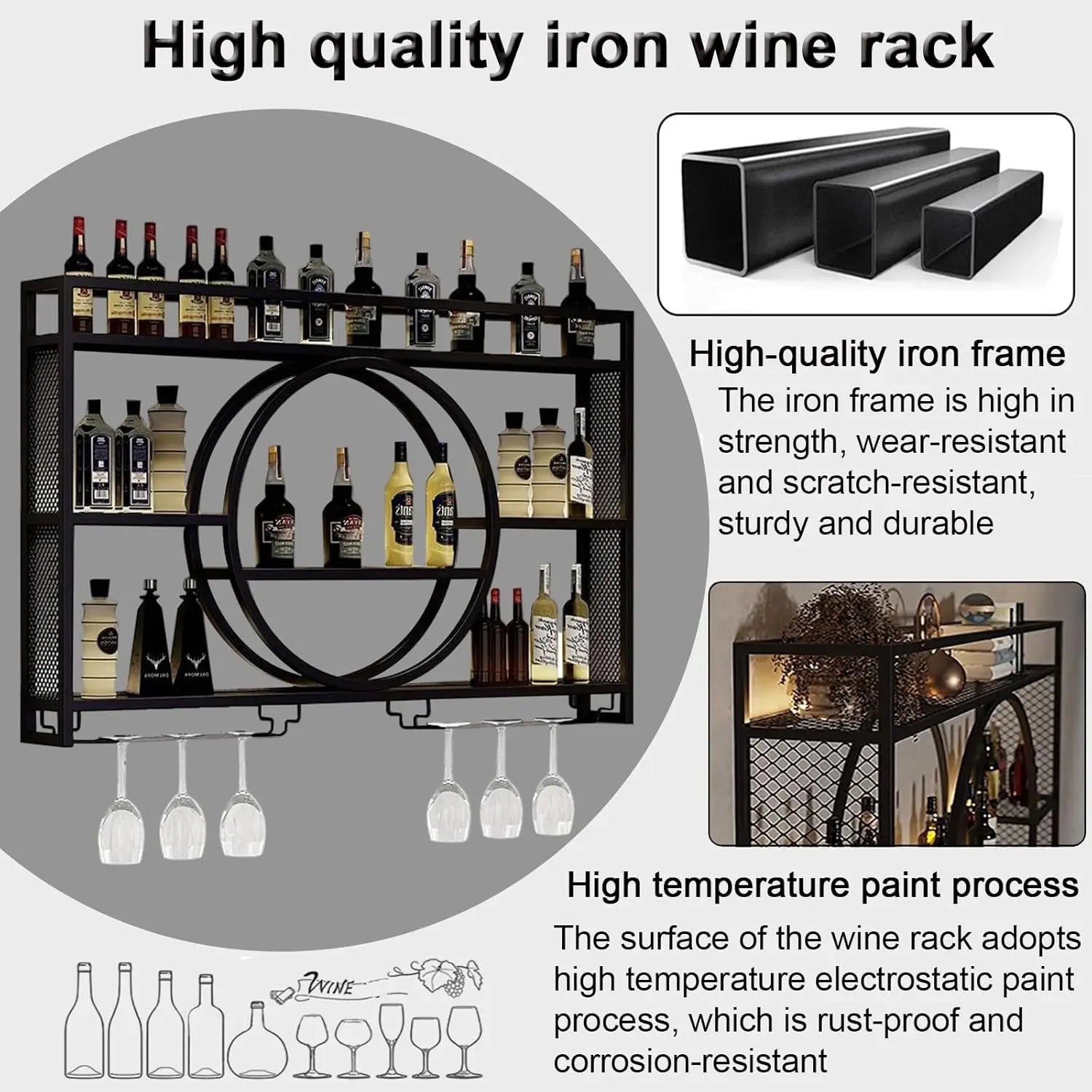 Wall Mounted Wine Rack with LED Lights, Iron Floating Wine Shelf