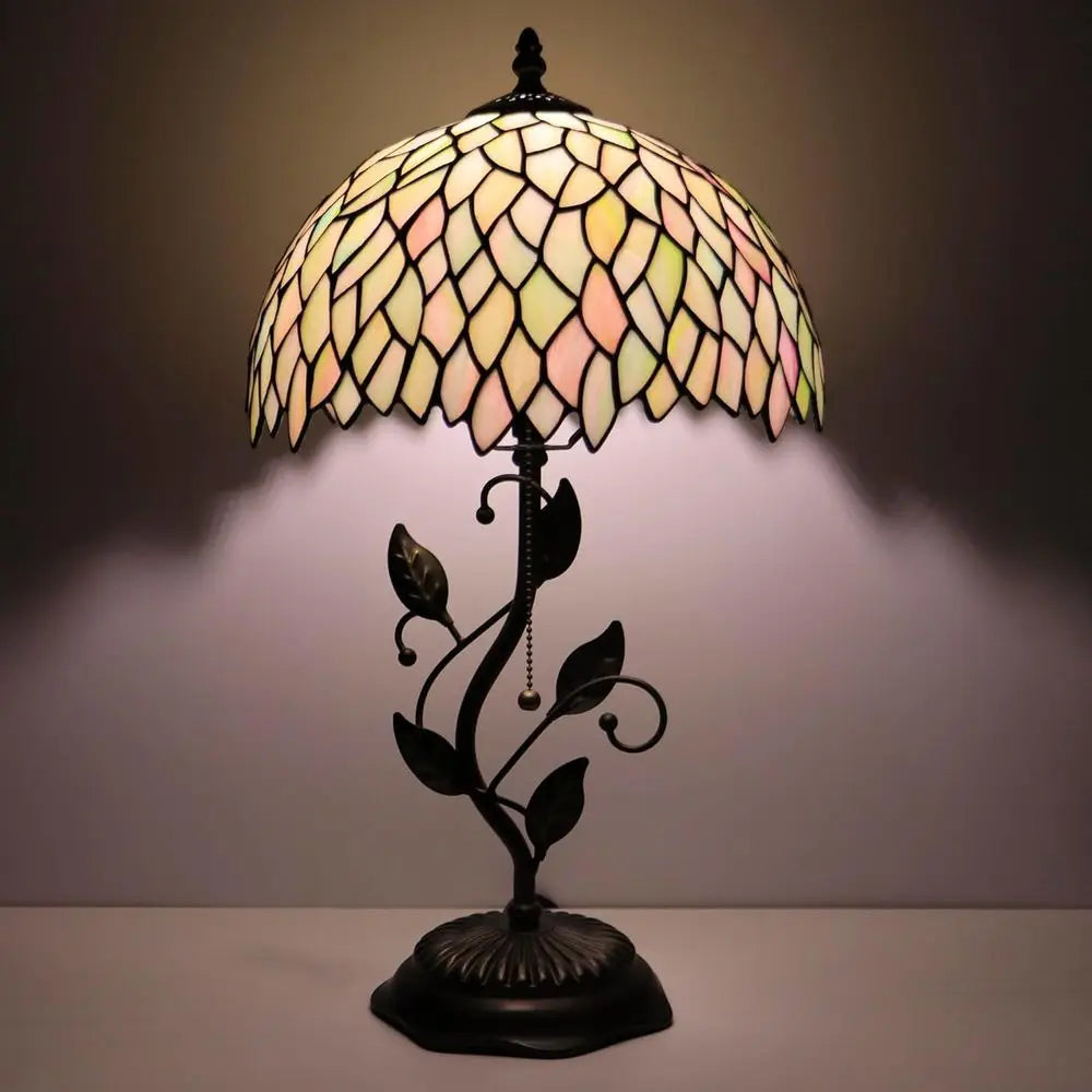 Stained Glass Tiffany Desk Lamp, 12x12x19, Metal Leaf Base, 7-Color Wisteria Style, Ideal for Bedside Reading