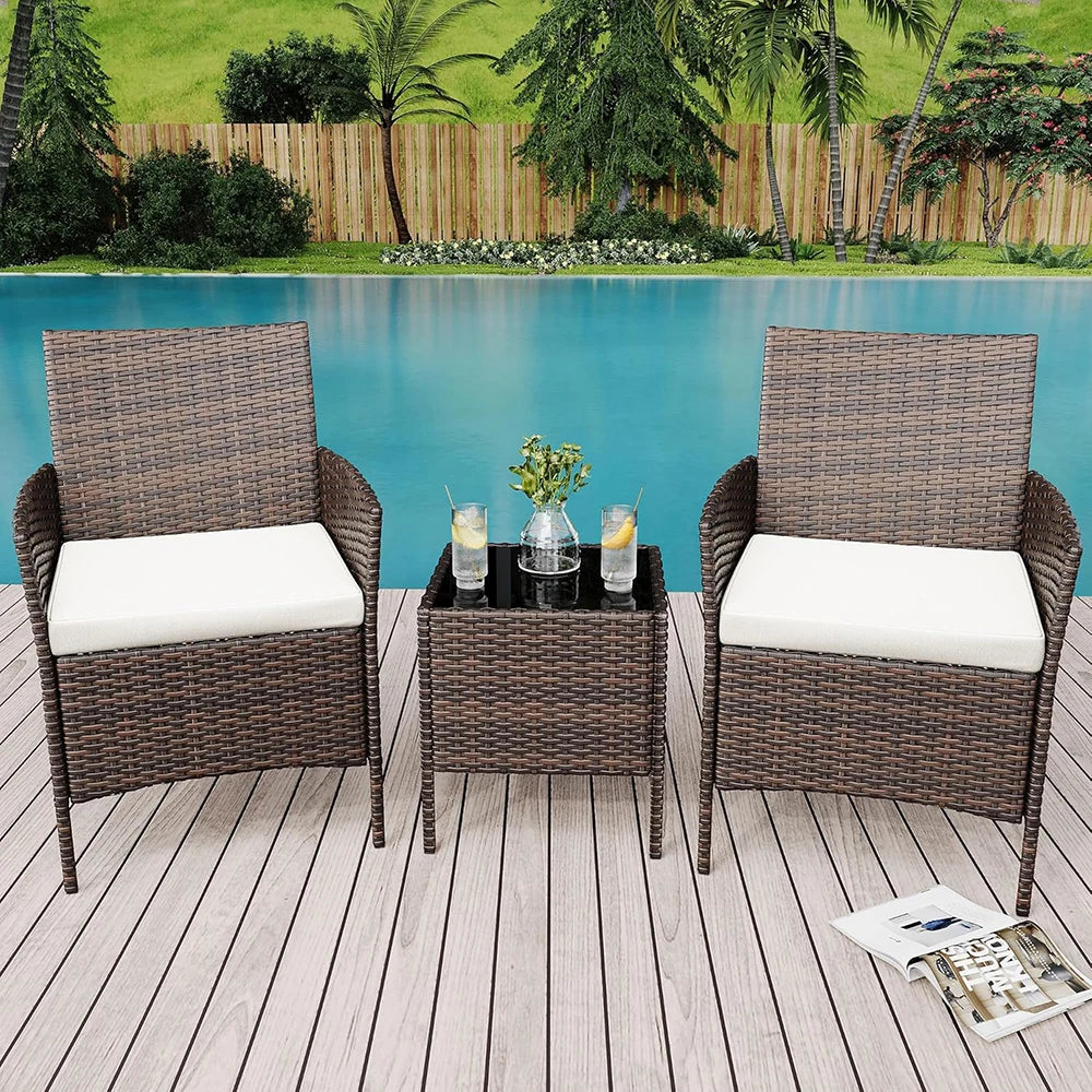 3-Piece Wicker Patio  Set, All-Weather With Glass Coffee Table