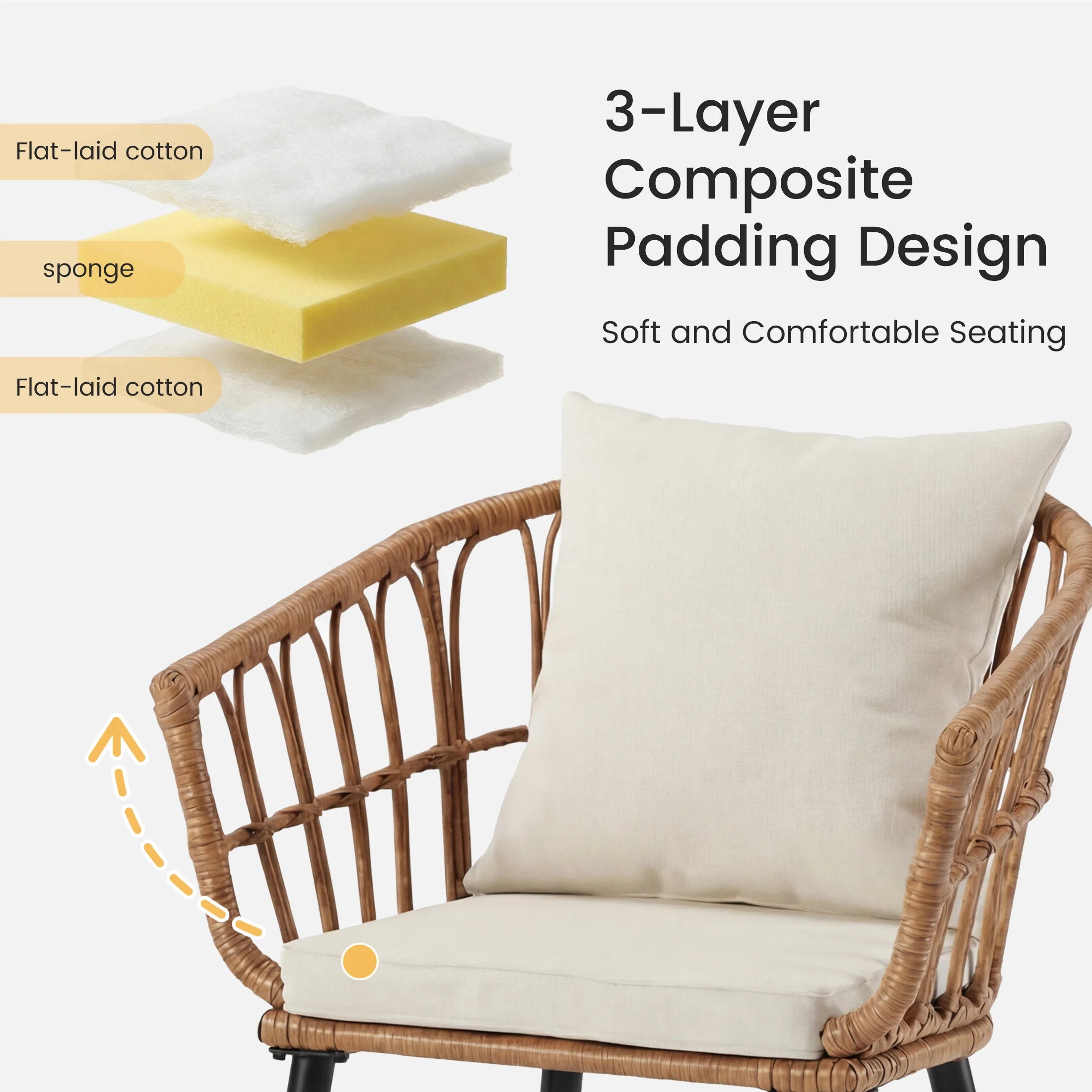 3 Pieces Wicker Patio Outdoor Set with Soft Cushion and Glass Steel Frame