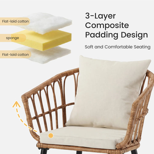 3 Pieces Wicker Patio Outdoor Set with Soft Cushion and Glass Steel Frame