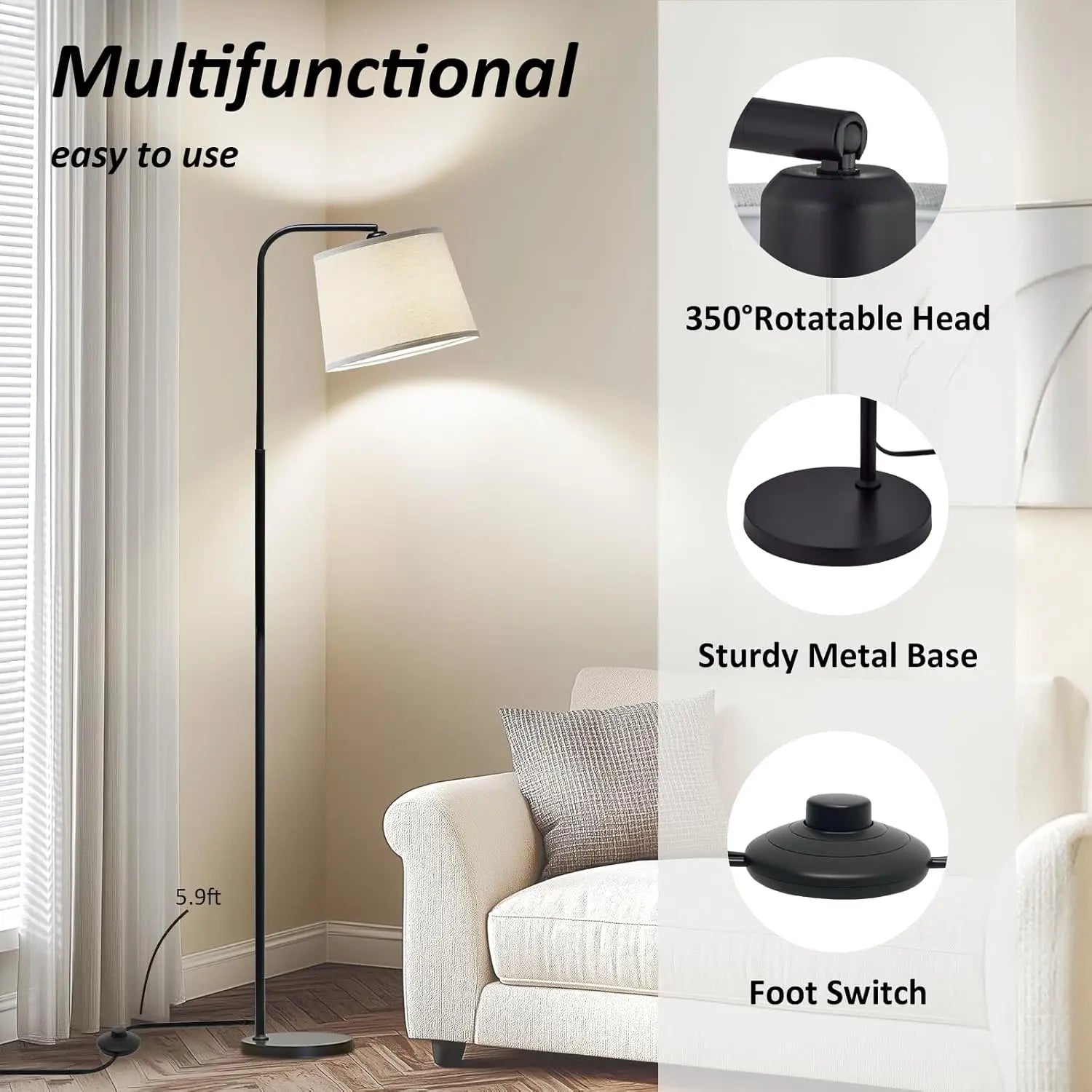 Arc Floor Lamp with 3 Color Temperatures, Adjustable Head, and Foot Switch