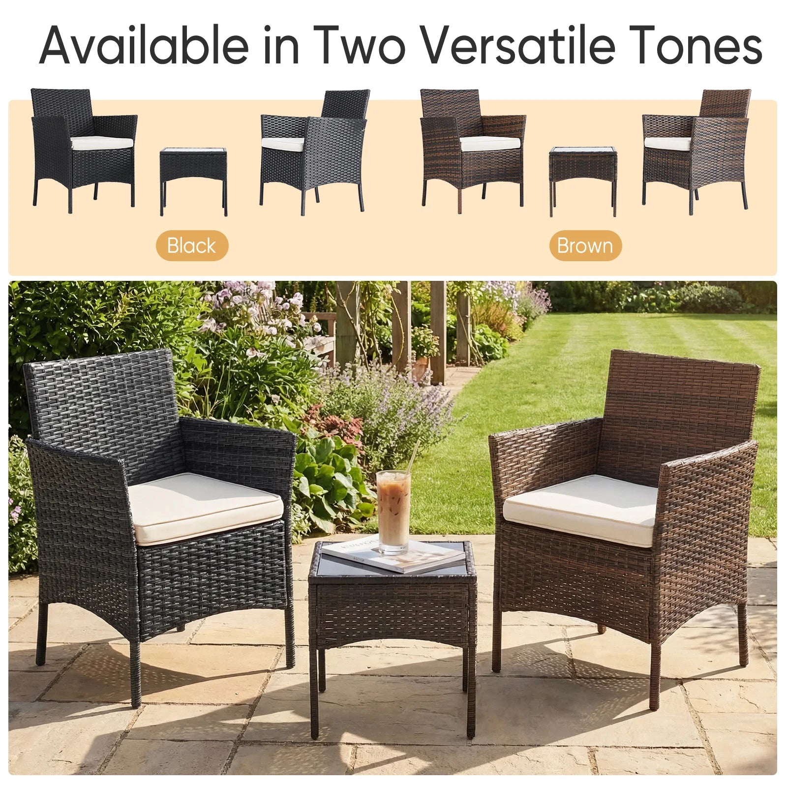 3 Pieces Outdoor Patio Furniture Set Manual Weaving Wicker Patio Chairs with Soft Cushion and Glass Table For Garden