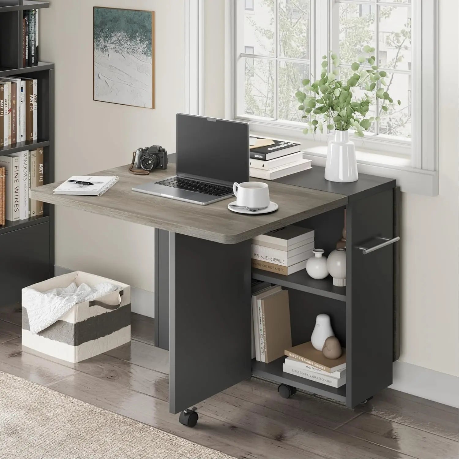 Wood Folding /Dining Table / 6 Wheels and 2-Layer Storage Shelf For Home Office, 47.2" D x 23.6" W x 29.5" H