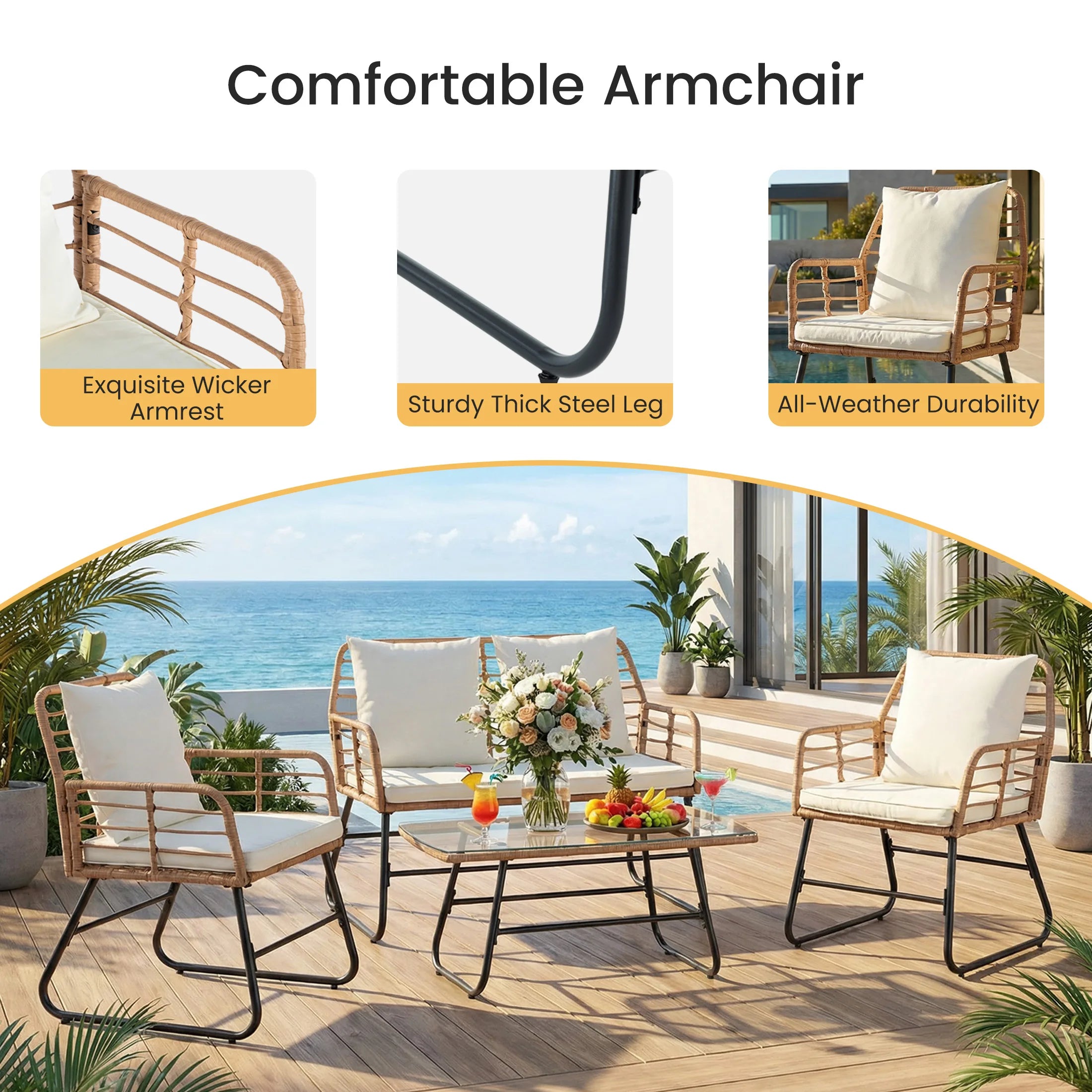 Wicker Patio  Set 4 Pieces with Soft Cushion and Glass Table