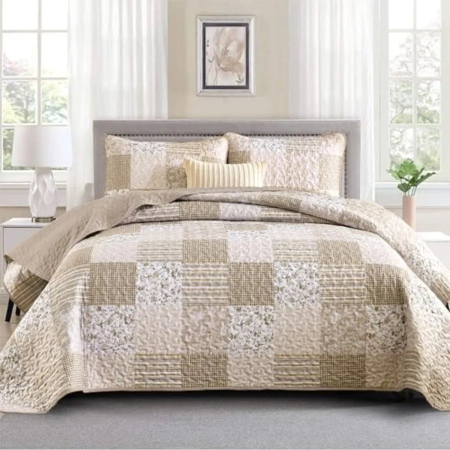 Quilt Set  Queen- 3 Pieces Boho Plaid Floral Bedspread Set Microfiber