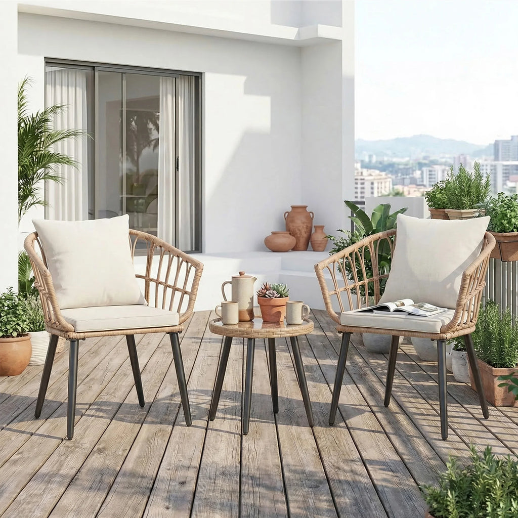 3 Pieces Wicker Patio Outdoor Set with Soft Cushion and Glass Steel Frame