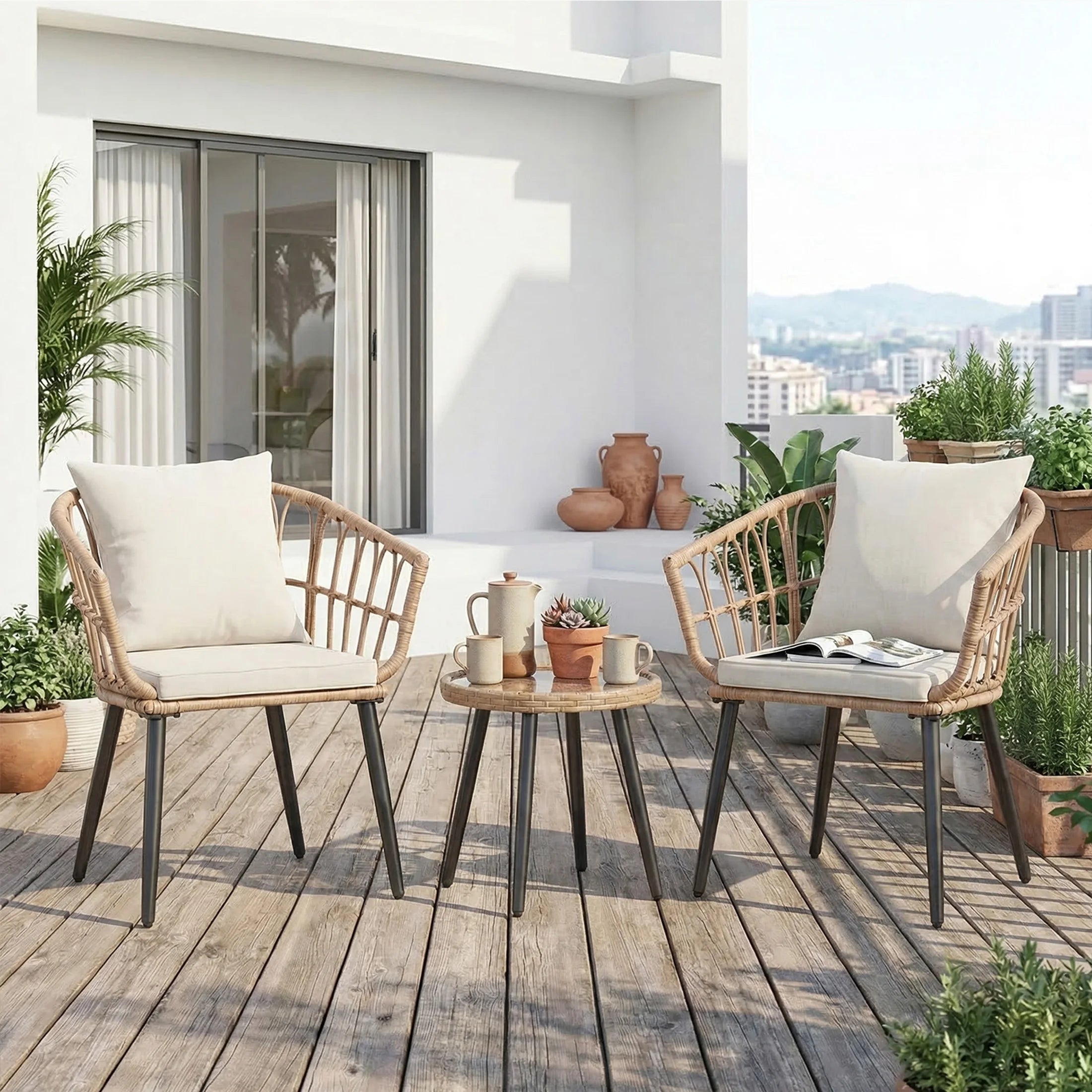3 Pieces Wicker Patio Outdoor Set with Soft Cushion and Glass Steel Frame