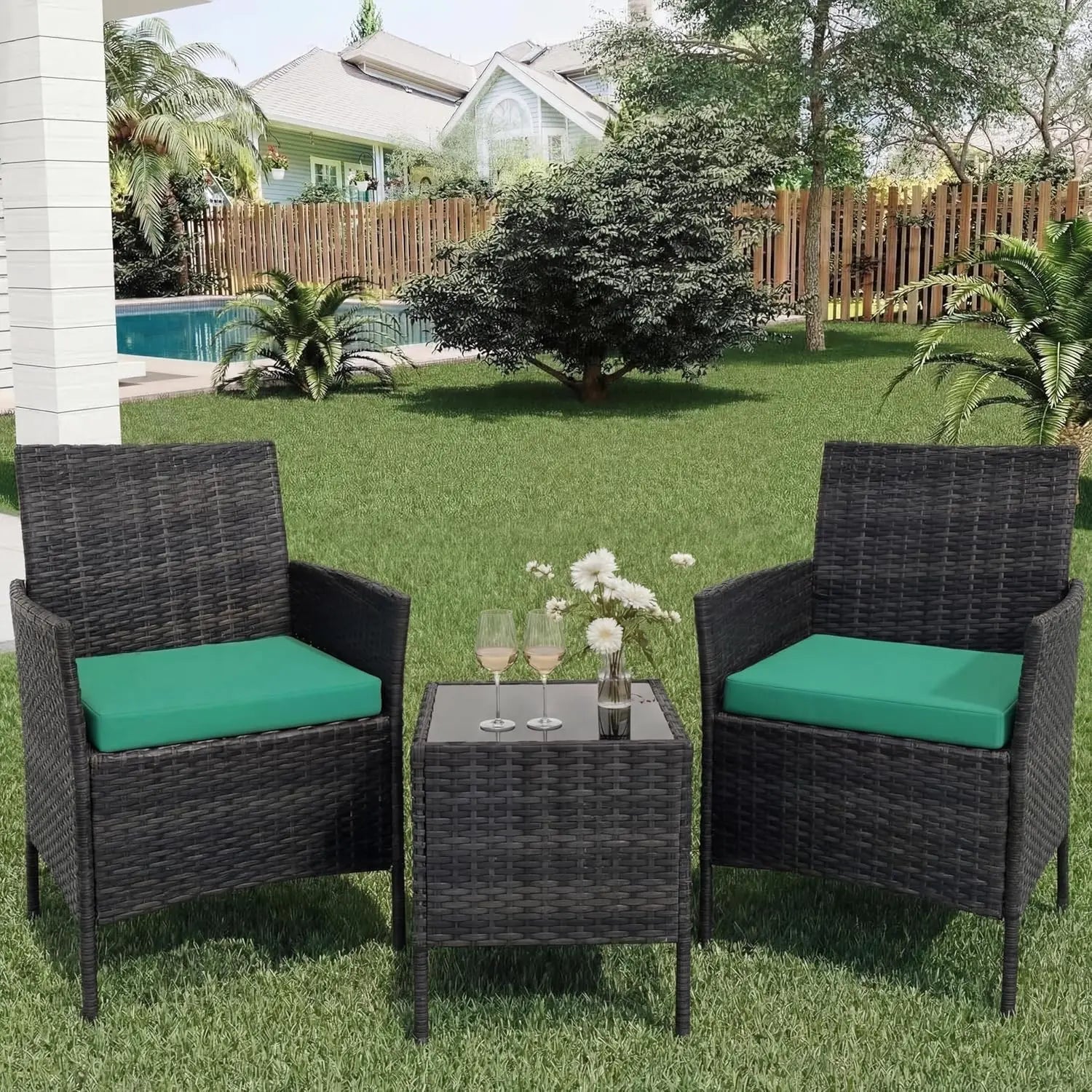 3-Piece Wicker Patio  Set, All-Weather With Glass Coffee Table