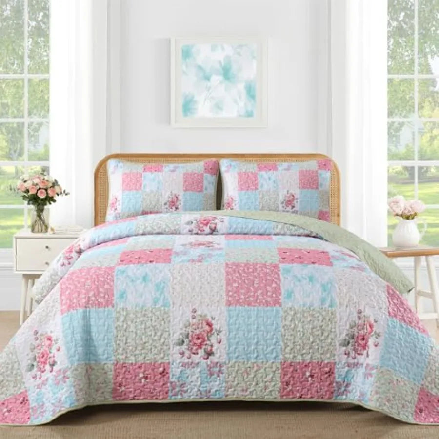 Quilt Set  Queen- 3 Pieces Boho Plaid Floral Bedspread Set Microfiber