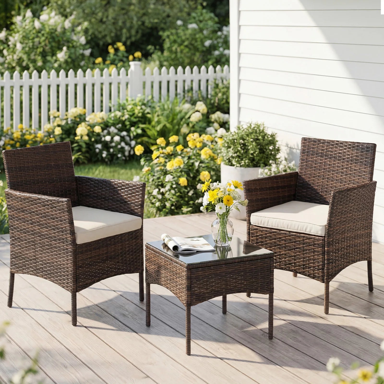 3 Pieces Outdoor Patio Furniture Set Manual Weaving Wicker Patio Chairs with Soft Cushion and Glass Table For Garden