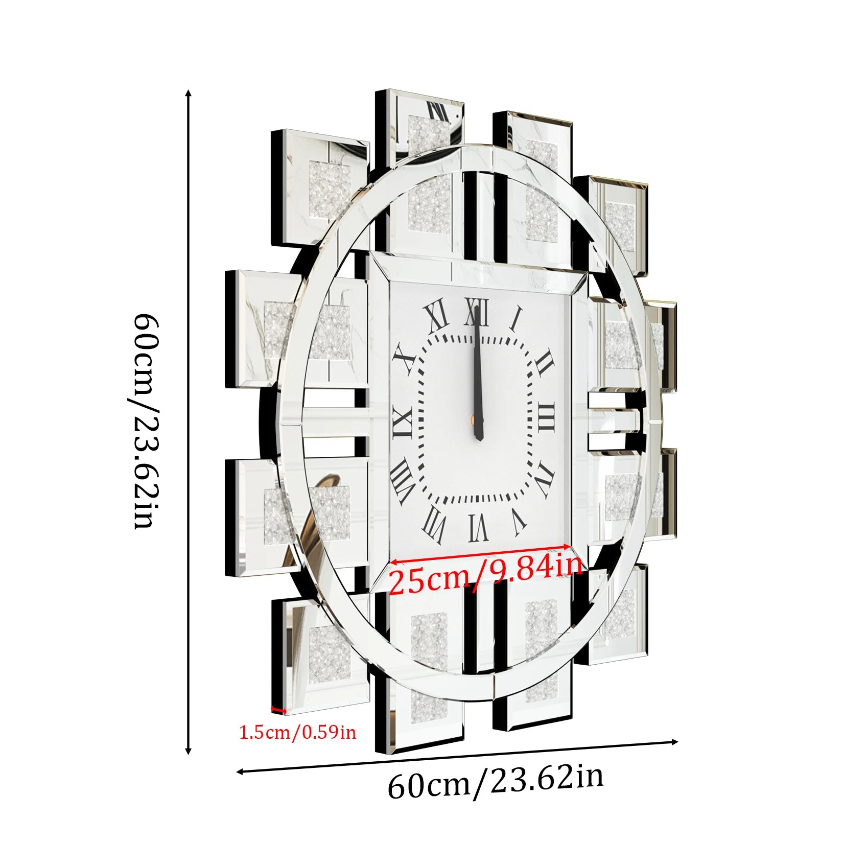 Large Crush Diamond Mirrored Wall Clock Sparkle Bling Quartz