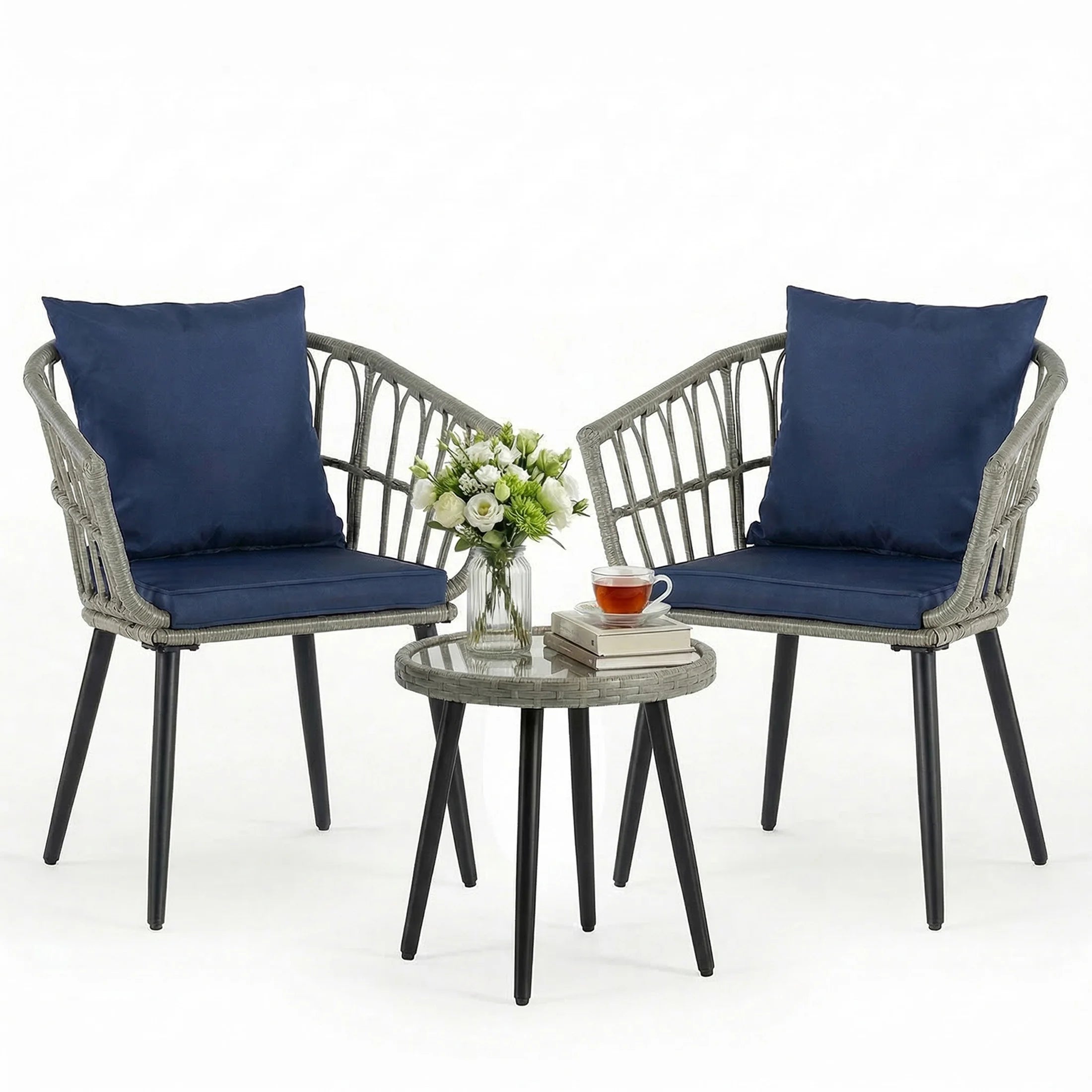 3 Pieces Wicker Patio Outdoor Set with Soft Cushion and Glass Steel Frame