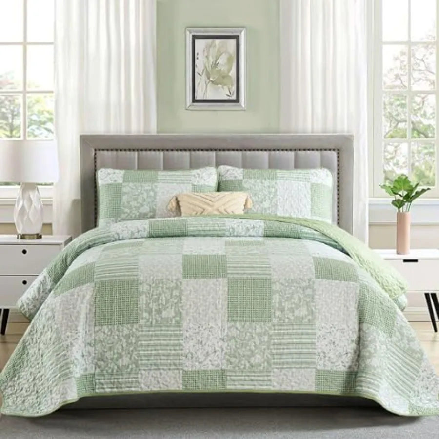 Quilt Set  Queen- 3 Pieces Boho Plaid Floral Bedspread Set Microfiber