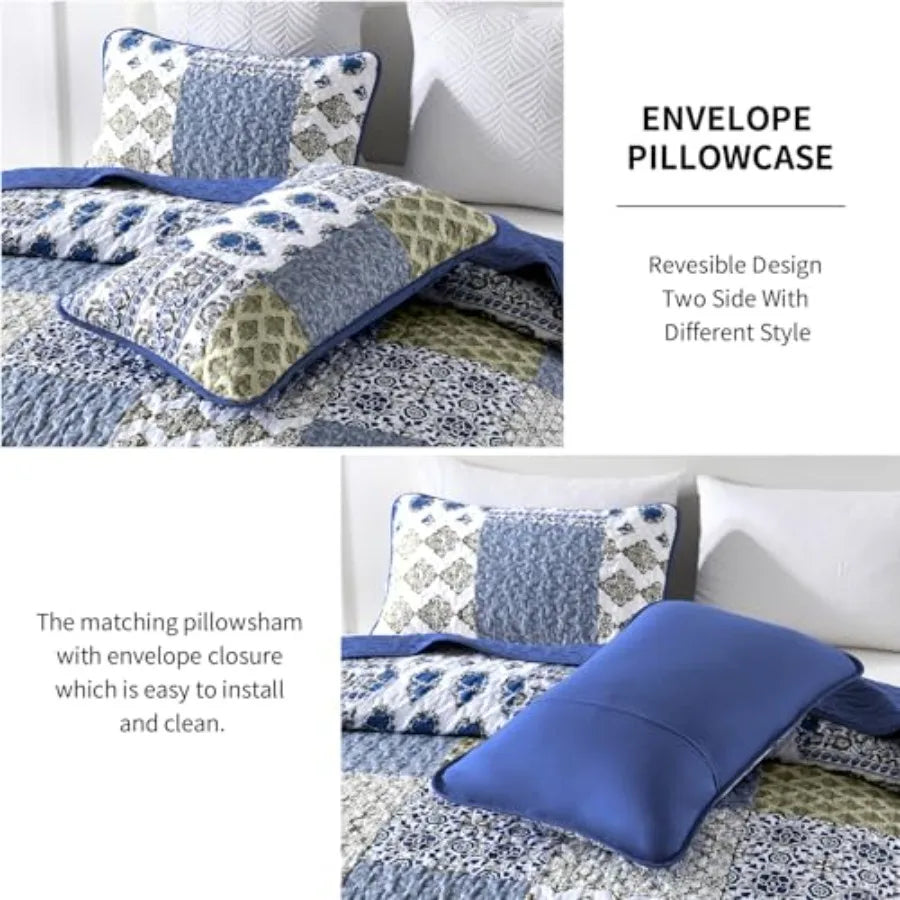 Quilt Set  Queen- 3 Pieces Boho Plaid Floral Bedspread Set Microfiber