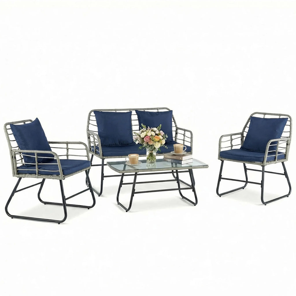 Wicker Patio  Set 4 Pieces with Soft Cushion and Glass Table