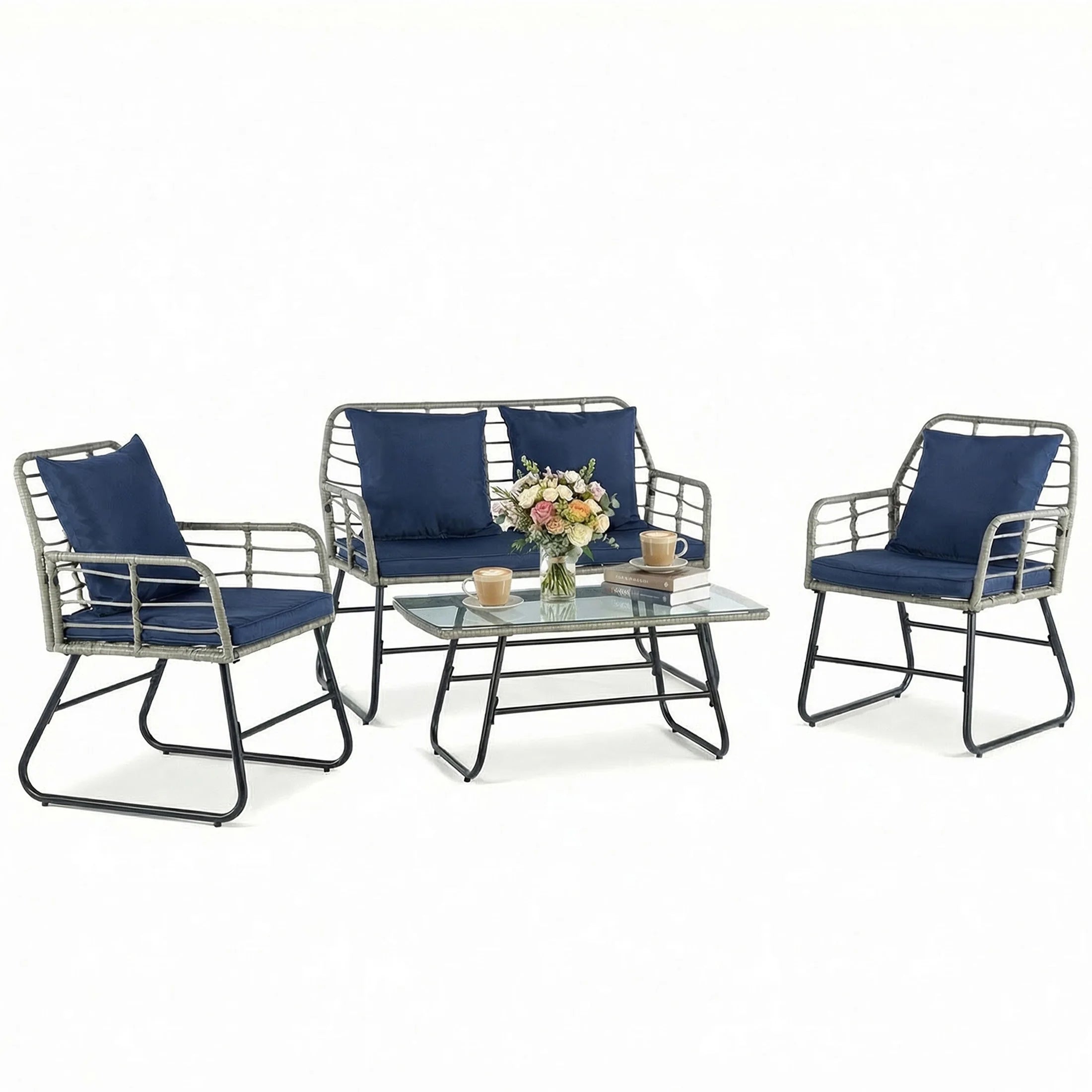 Wicker Patio  Set 4 Pieces with Soft Cushion and Glass Table