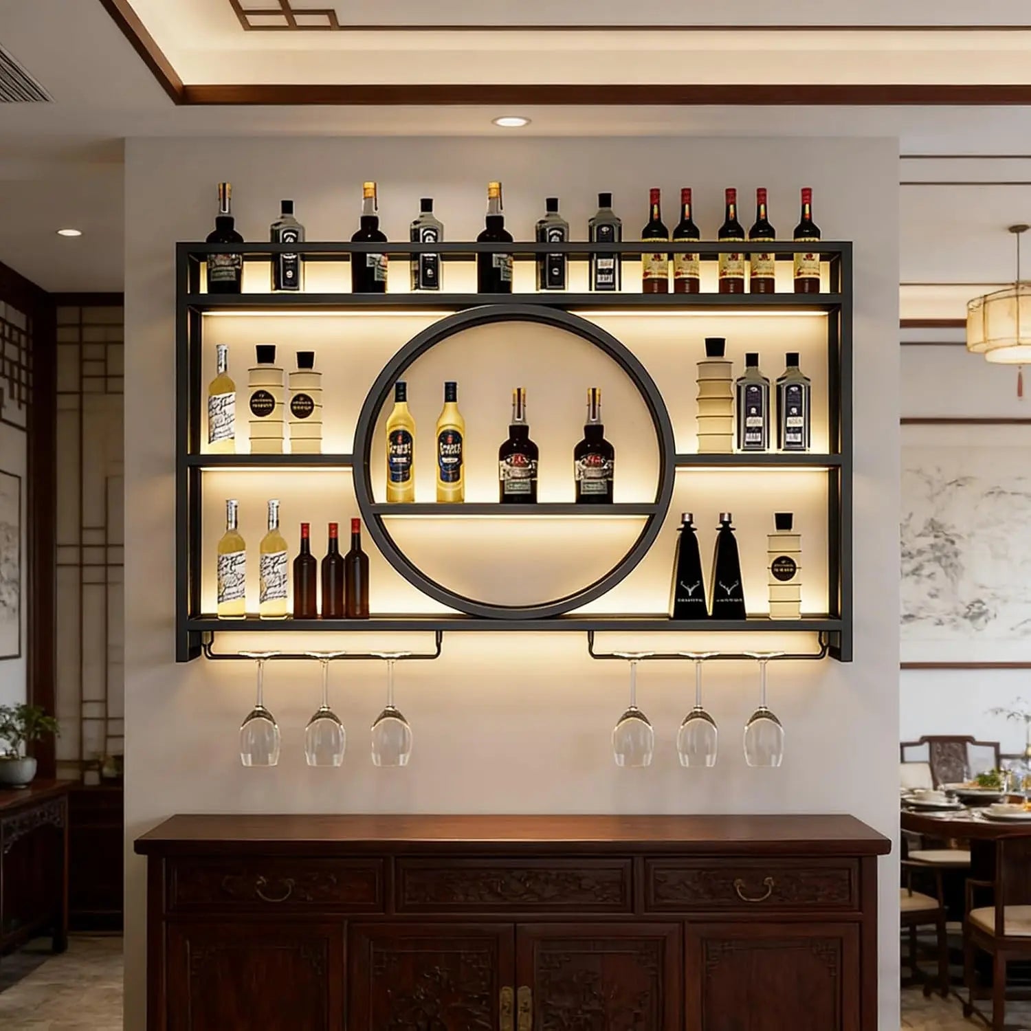 Wall Mounted Wine Rack with LED Lights, Iron Floating Wine Shelf