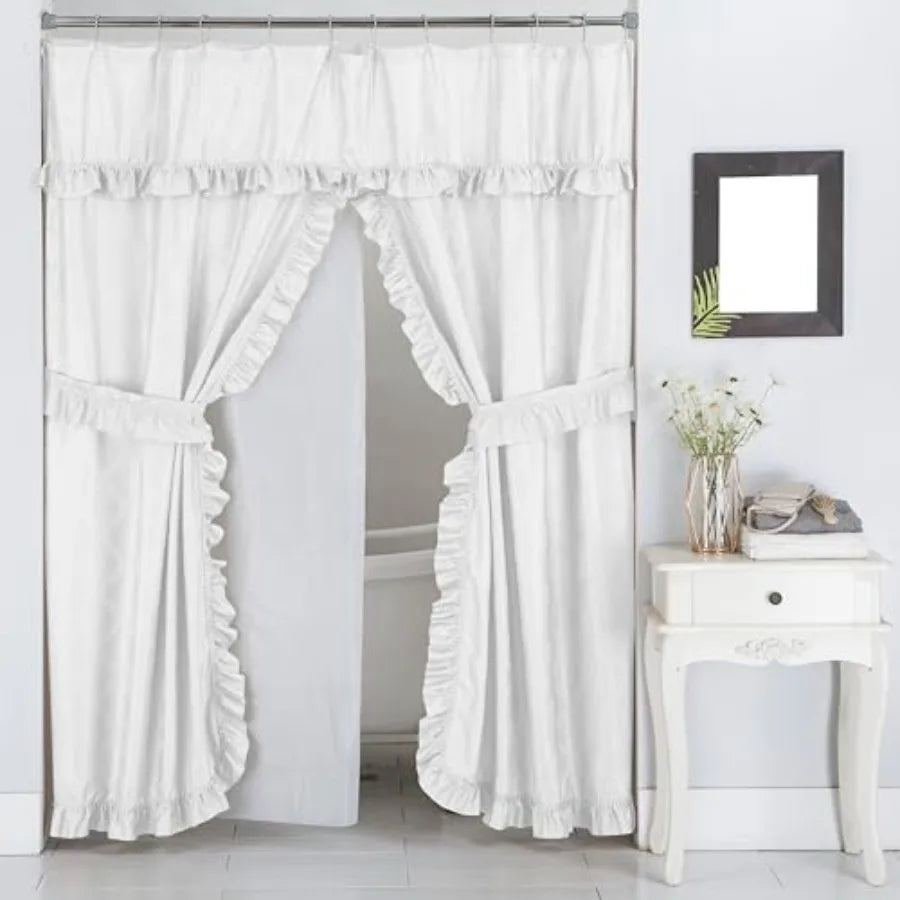 Double Swag Ruffled Fabric Shower Curtain Set with Liner and Roller Rings