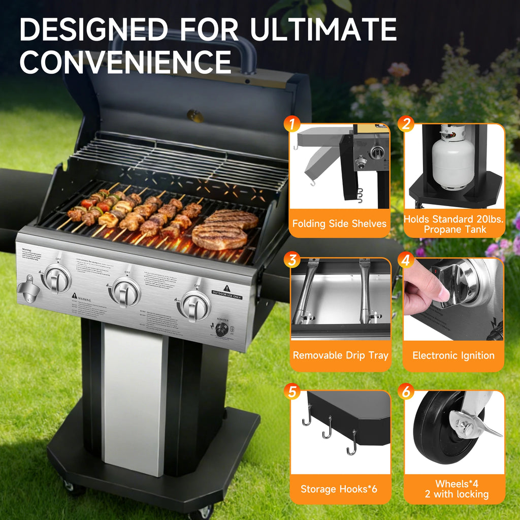 3-Burner Propane Gas Grill with Warming Rack, 30,000 BTU Outdoor BBQ Grill,