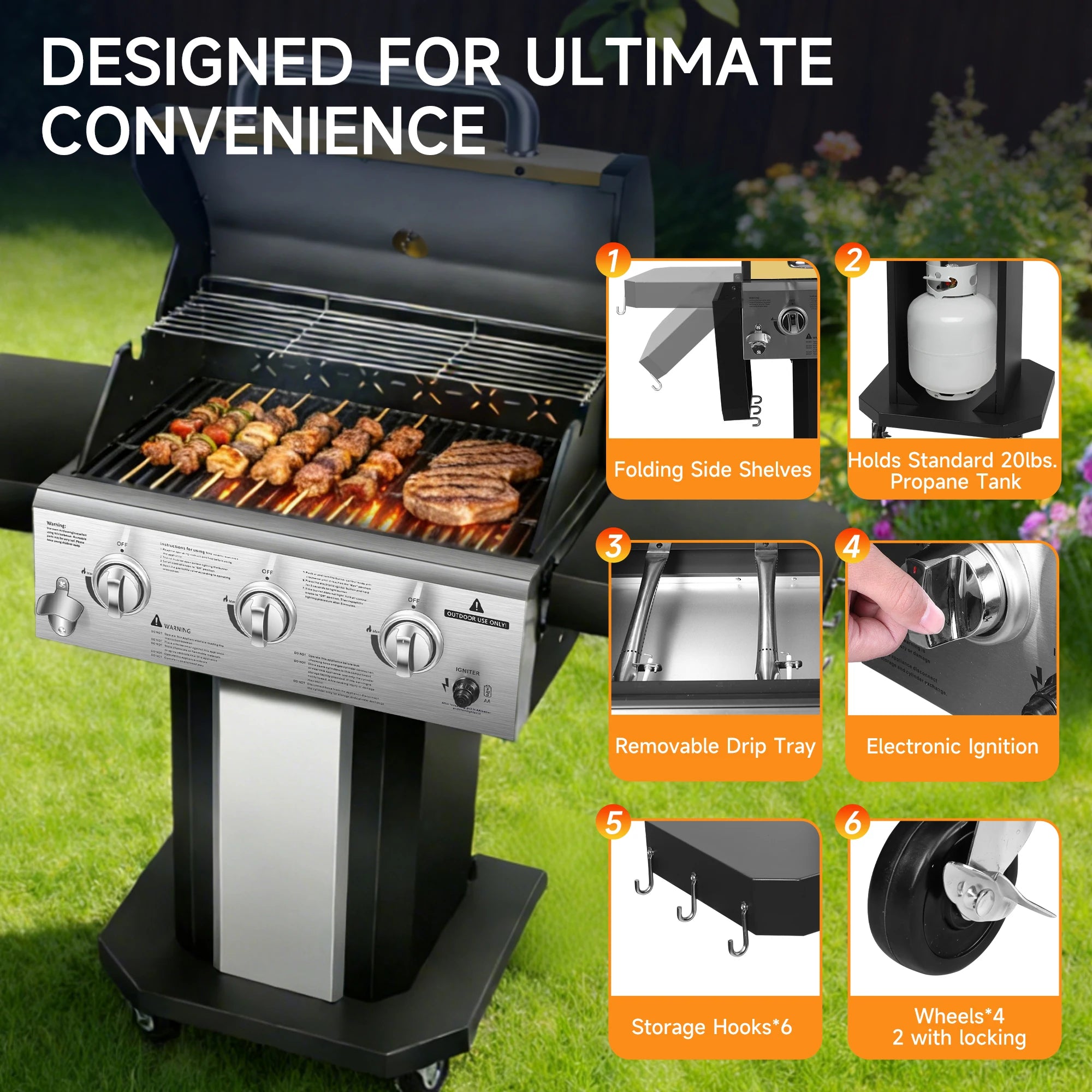 3-Burner Propane Gas Grill with Warming Rack, 30,000 BTU Outdoor BBQ Grill,