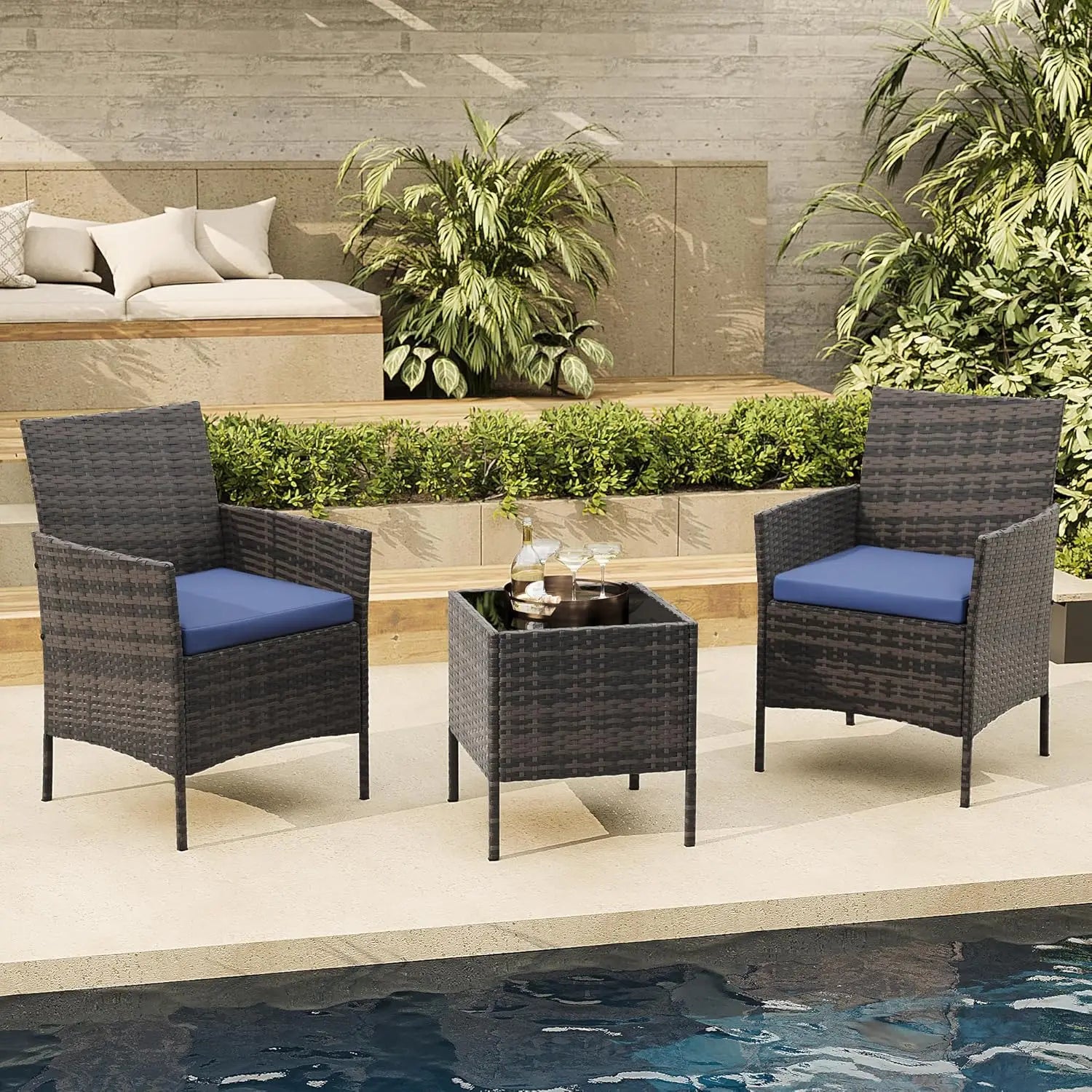 3-Piece Wicker Patio  Set, All-Weather With Glass Coffee Table