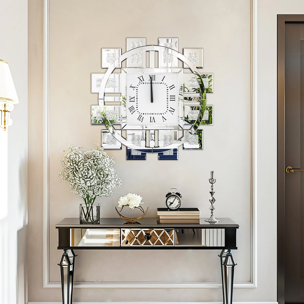 Large Crush Diamond Mirrored Wall Clock Sparkle Bling Quartz