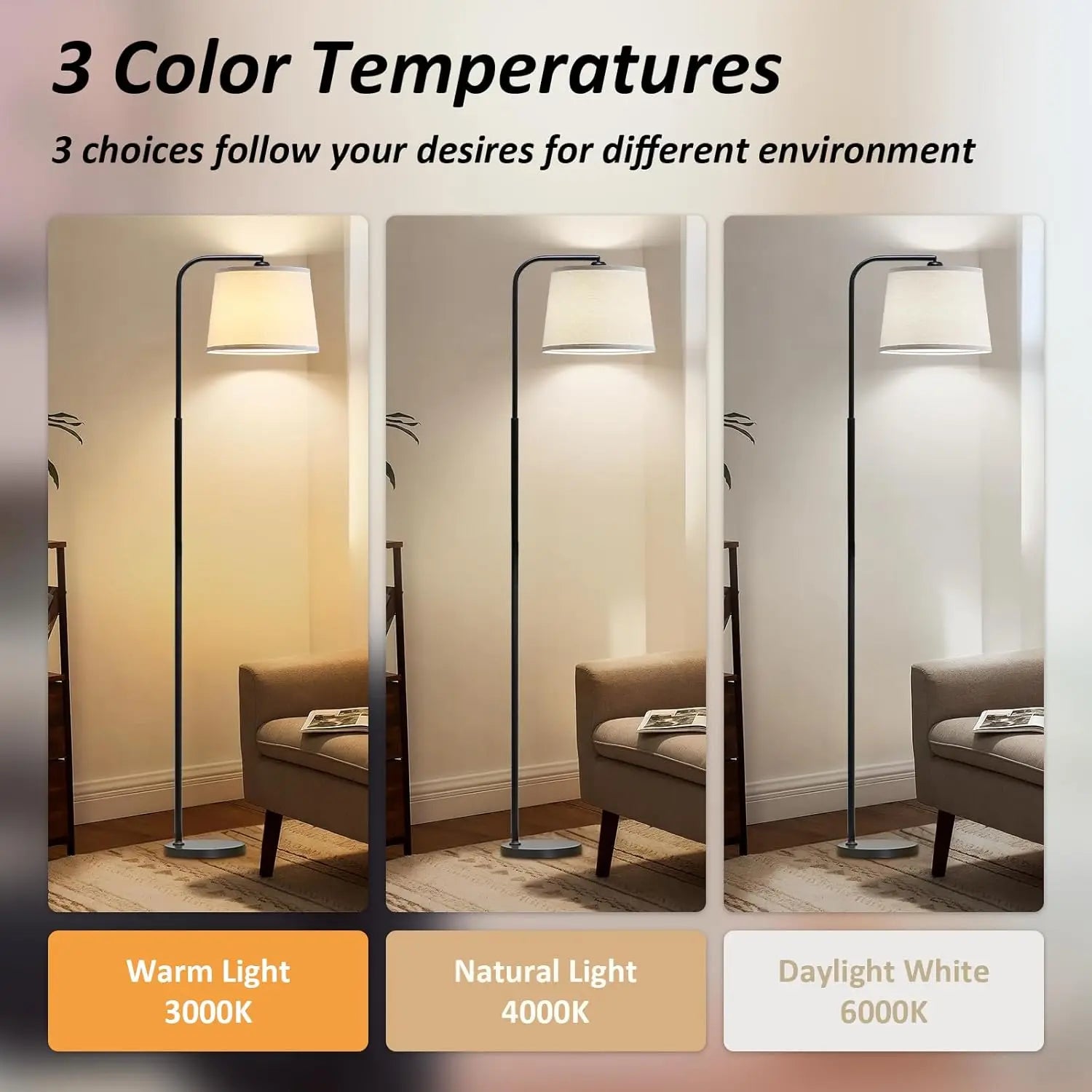 Arc Floor Lamp with 3 Color Temperatures, Adjustable Head, and Foot Switch