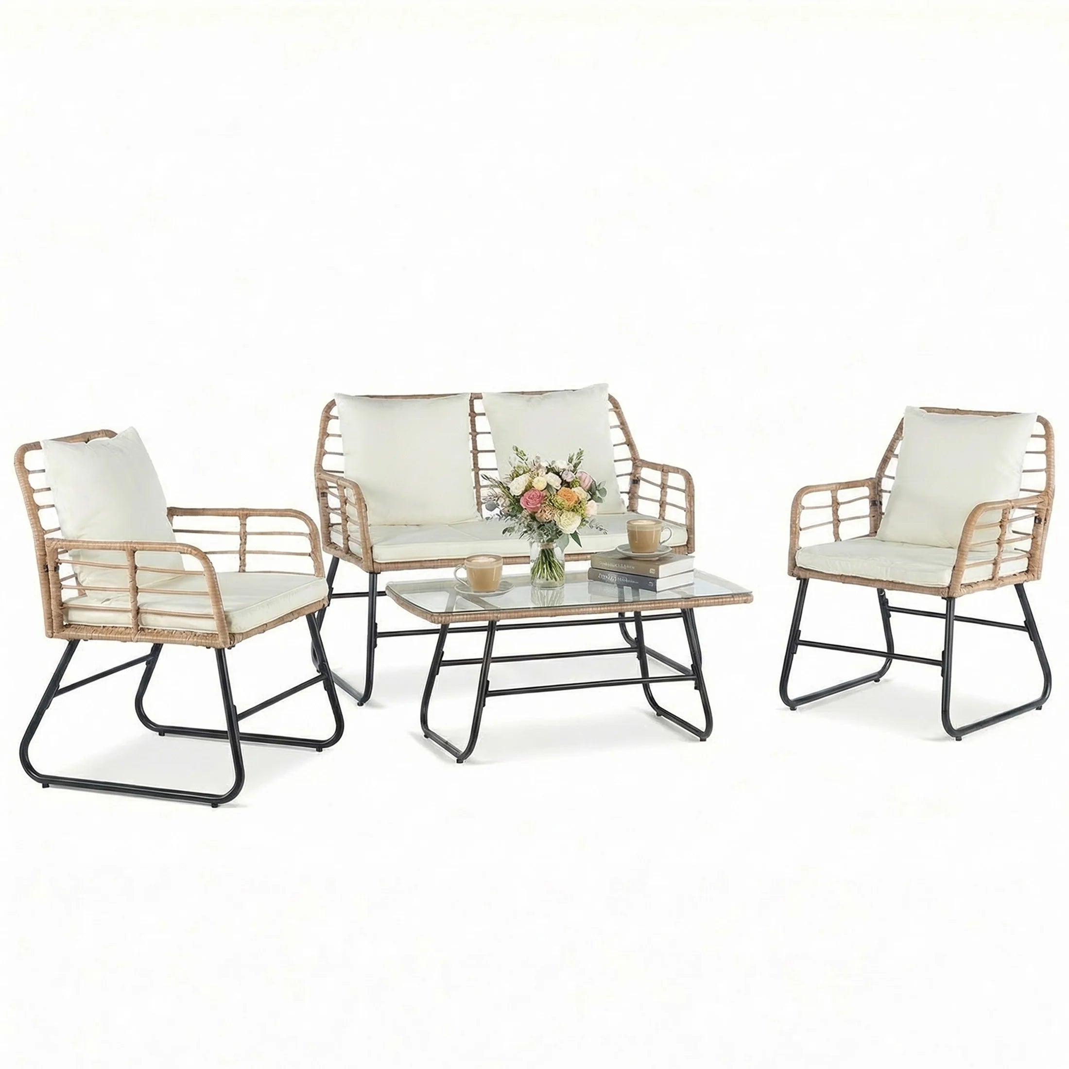 Wicker Patio  Set 4 Pieces with Soft Cushion and Glass Table