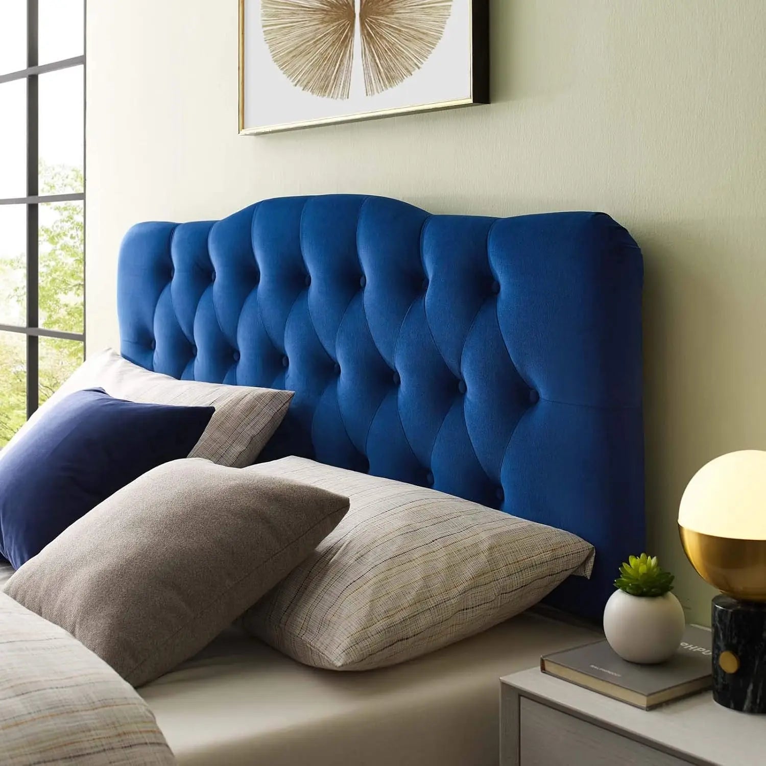 Blue Diamond Tufted Velvet Full Headboard with Performance Fabric,