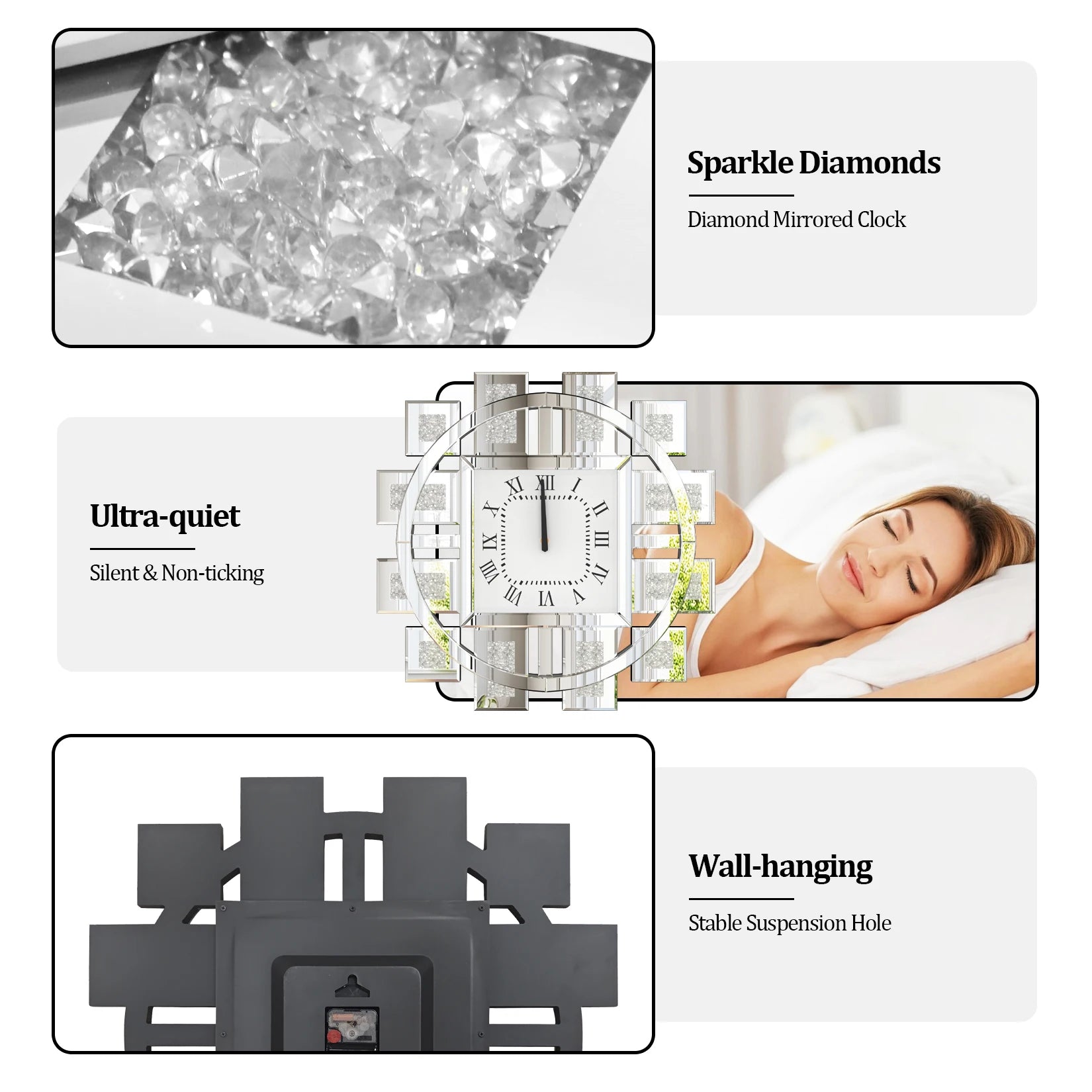 Large Crush Diamond Mirrored Wall Clock Sparkle Bling Quartz