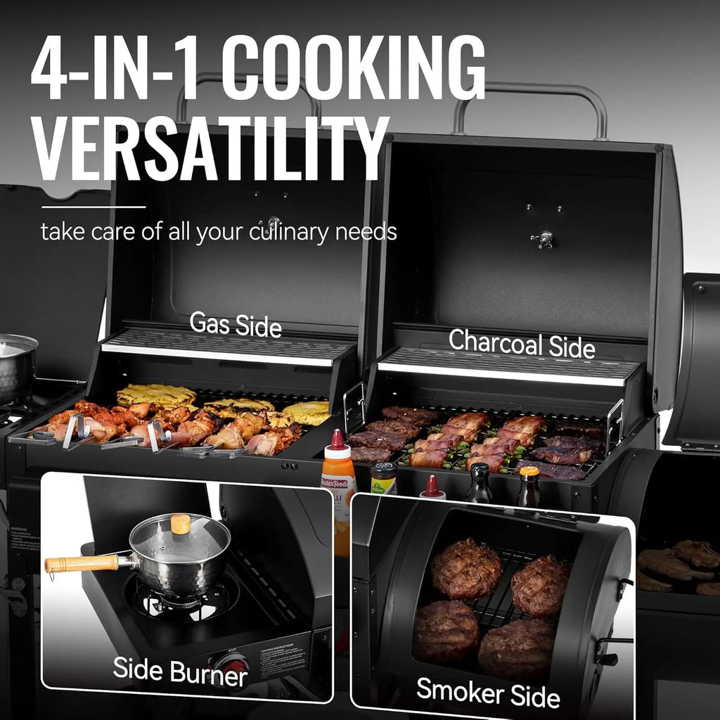 2-Burner Gas and Charcoal  Grill with Offset Smoker & Side Burner,